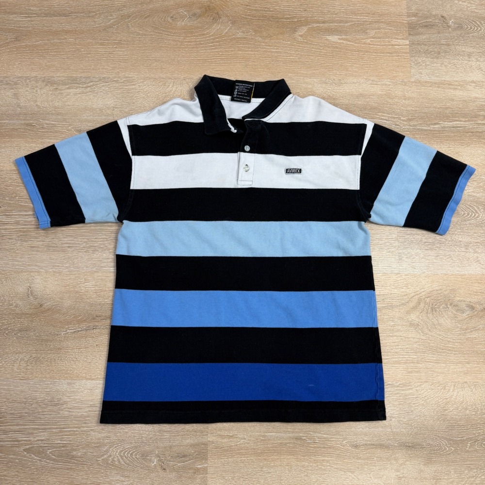 Avirex Mens Blue Black White Striped Polo Shirt Size Large Short Sleeve Cotton